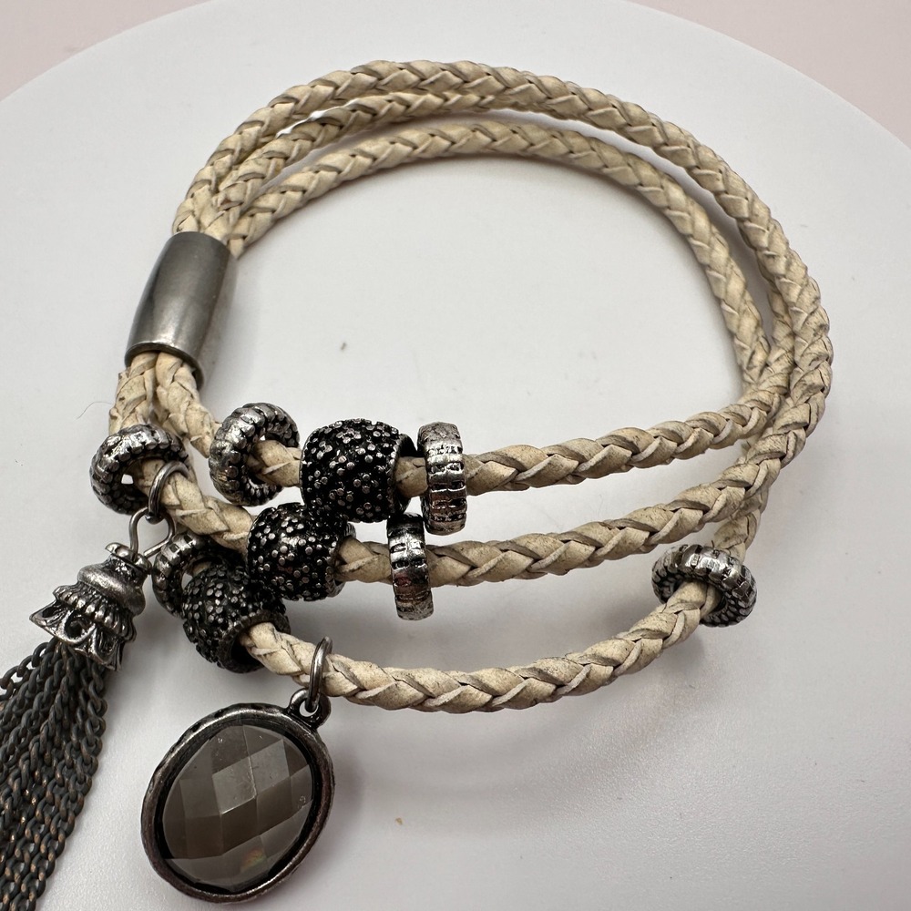 VTG Gunmetal Beige Leather Wrap Bracelet with Tassel Charm & Druzy Beads
